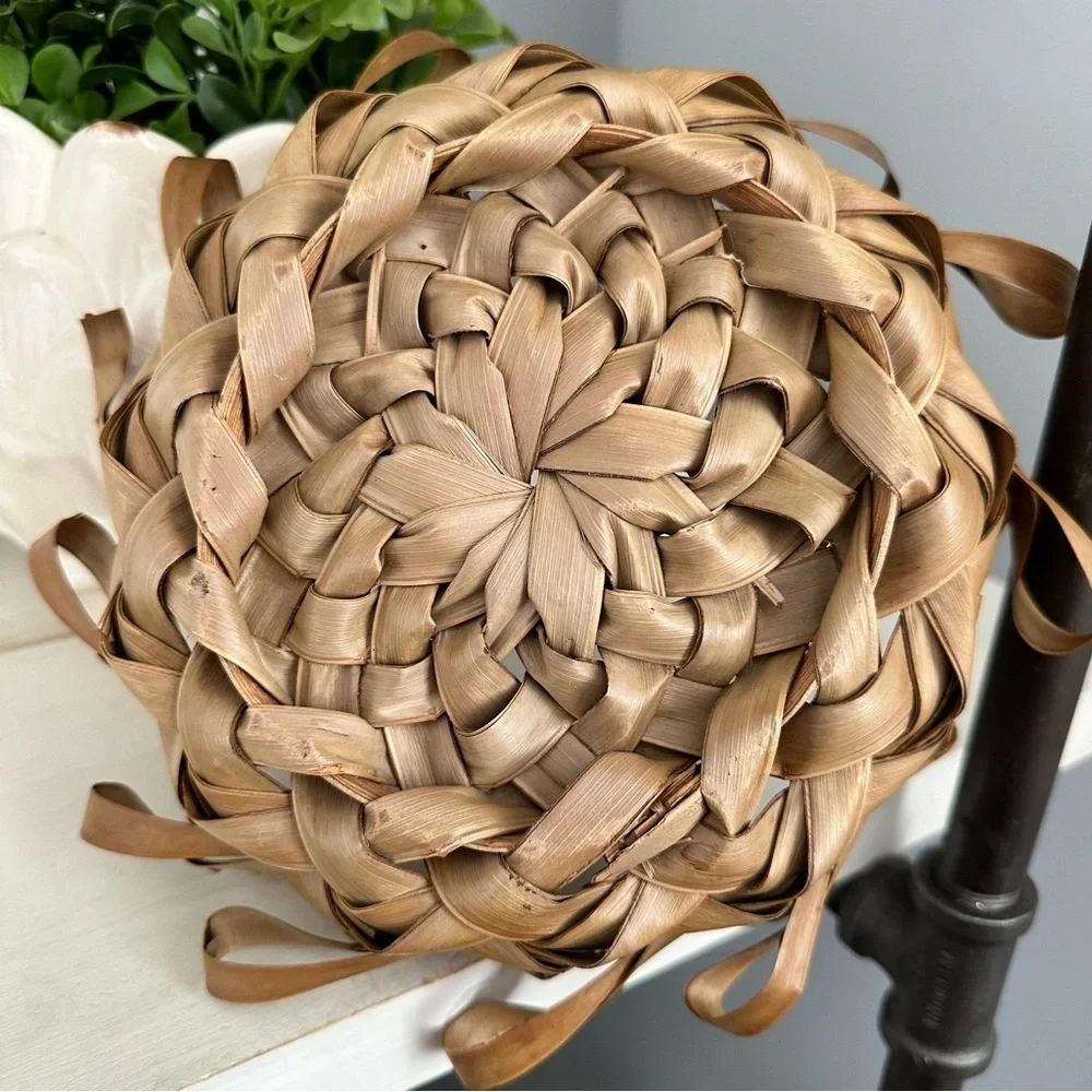 Vintage BOHO Handmade Palm Frond Basket Woven Round Basket Hawaii Palm Trees